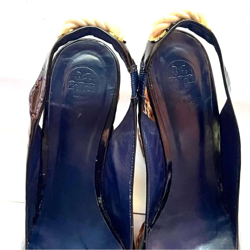 Tory Burch Shea Navy Blue Patent Wedge Espadrilles